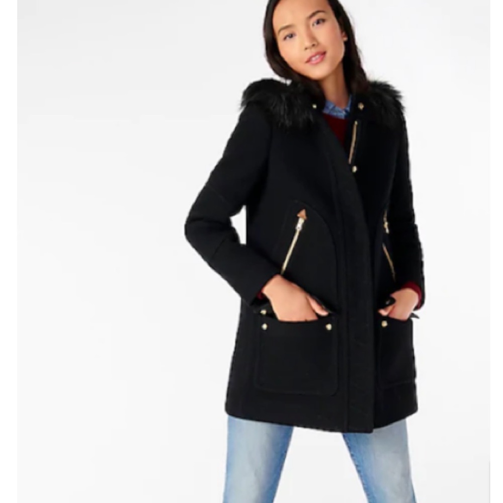 Petite Chateau Black Parka in Italian Stadium Cloth Wool with gold hardware